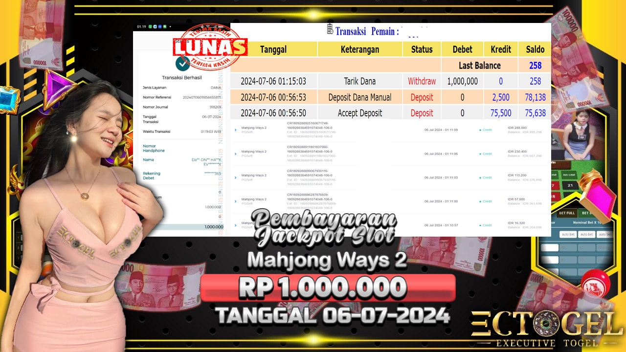 BUKTI JACKPOT SLOT MAHJONG WAYS 2 TERPERCAYA DI INDONESIA TGL 06-07-2024