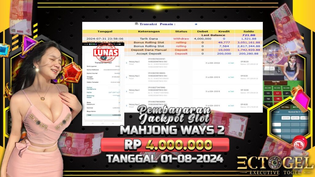 BUKTI JACKPOT SLOT MAHJONG WAYS 2 TERPERCAYA DI INDONESIA TGL 01-08-2024