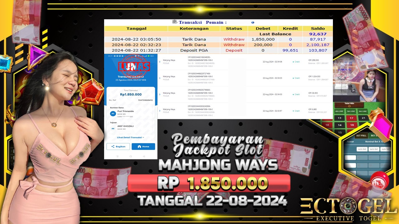 BUKTI JACKPOT SLOT MAHJONG WAYS TERPERCAYA DI INDONESIA TGL 22-08-2024