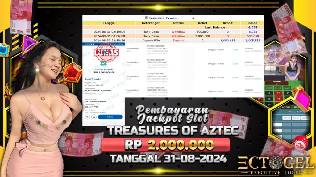 BUKTI JACKPOT SLOT TREASURES OF AZTEC TERPERCAYA DI INDONESIA TGL 31-08-2024