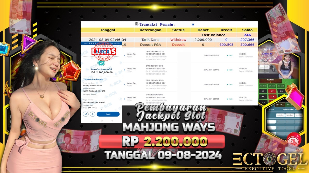 BUKTI JACKPOT SLOT MAHJONG WAYS TERPERCAYA DI INDONESIA TGL 09-08-2024