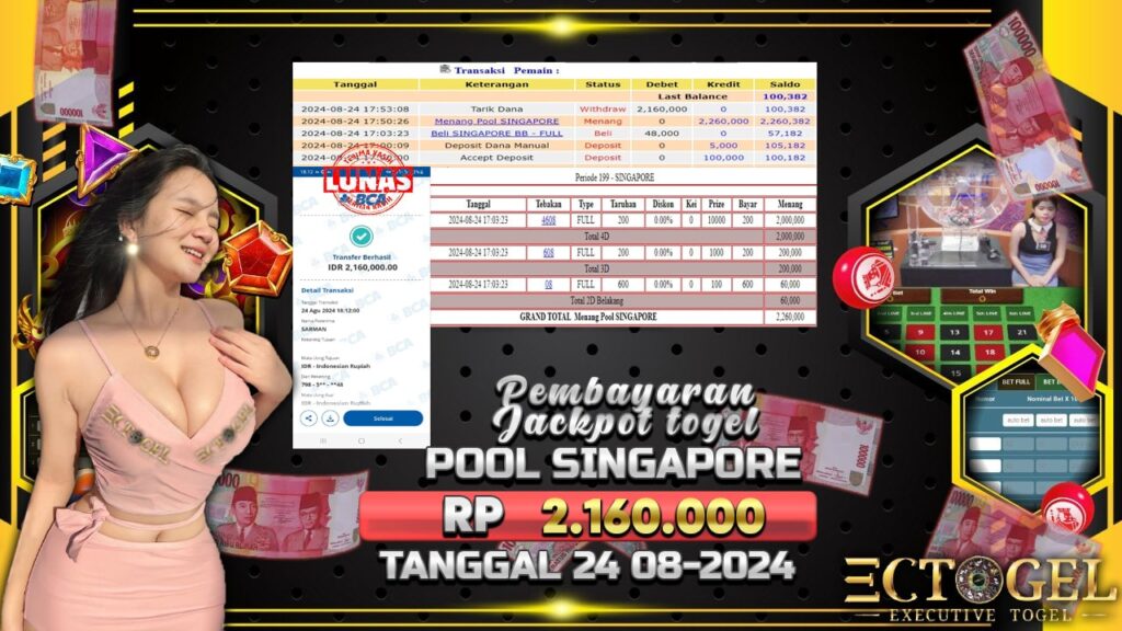 BUKTI JACKPOT TOGEL ONLINE POOL SINGAPORE TERPERCAYA DI INDONESIA TGL 24-08-2024