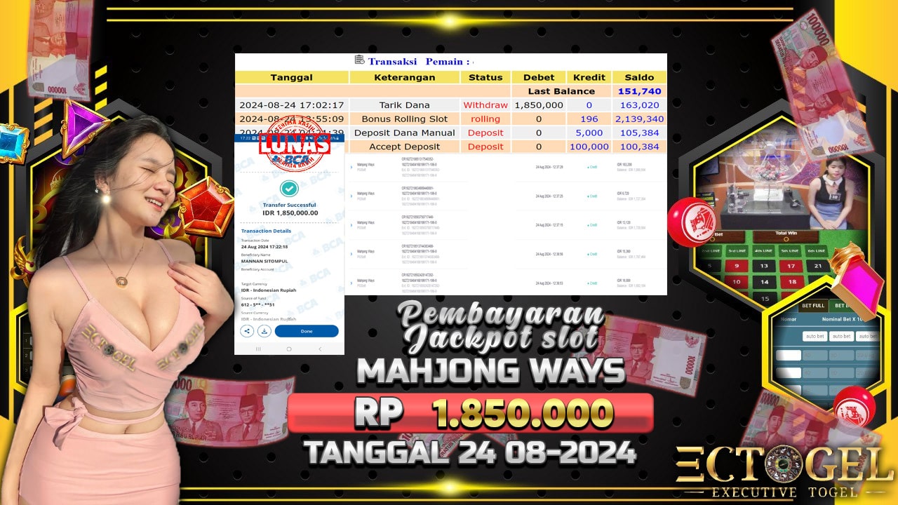 BUKTI JACKPOT SLOT MAHJONG WAYS TERPERCAYA DI INDONESIA TGL 24-08-2024