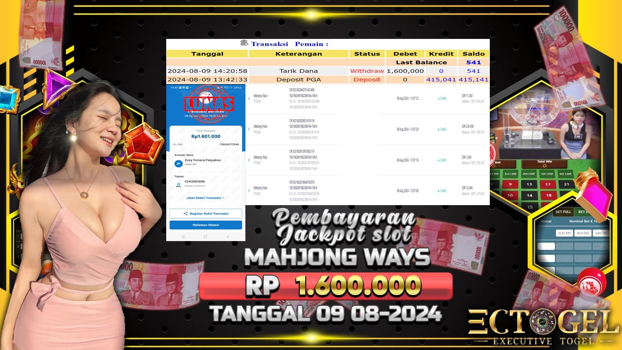 BUKTI JACKPOT SLOT MAHJONG WAYS TERPERCAYA DI INDONESIA TGL 09-08-2024