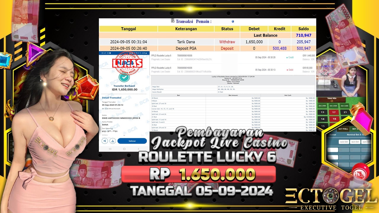 BUKTI JACKPOT ROULETTE LUCKY 6 TERPERCAYA DI INDONESIA TGL 05-09-2024