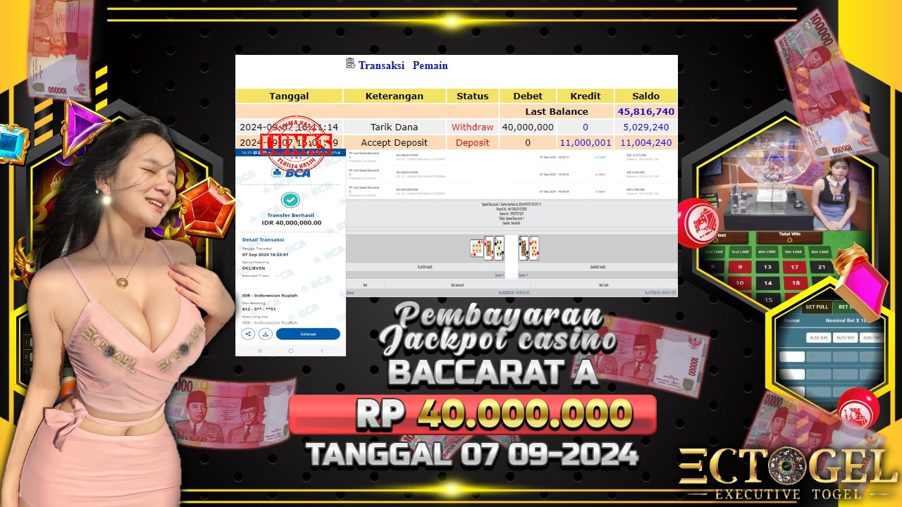 BUKTI JACKPOT LIVE CASINO BACCARAT A TERPERCAYA DI INDONESIA TGL 07-09-2024